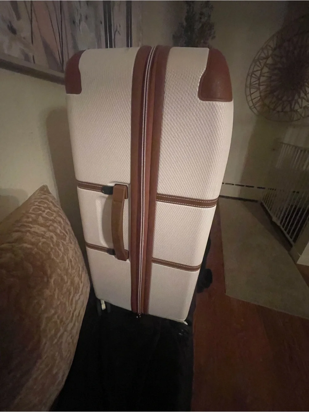 else White Hardside Spinner Luggage with Brown Trim